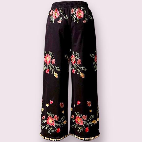 LIV Los Angeles Embroidered Wide Leg Pants Black Floral Boho Festival Rayon Sz S - Picture 1 of 11